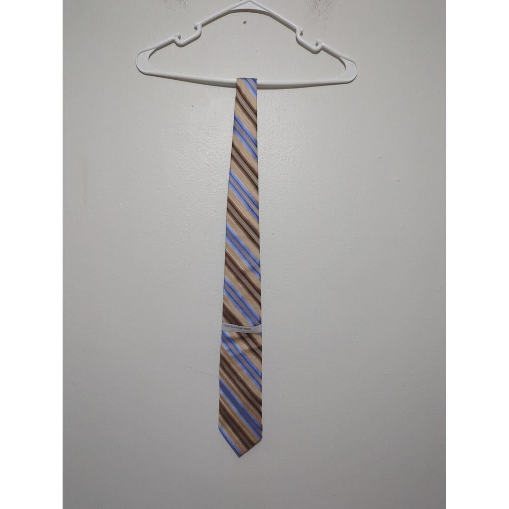 Perry Ellis Portfolio Mens Silk Tie Taupe Blue Brown Striped 9396-3461 NEW‎